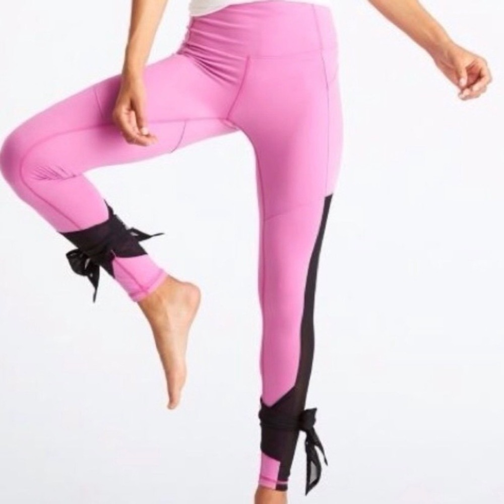Lucy Light &‎ Free Leggings Womens Medium Pink Black Mesh Ankle Tie Yoga Pants